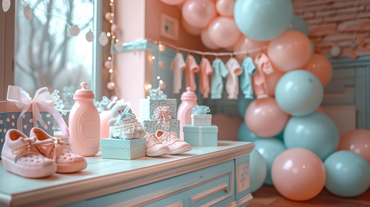 Baby Shower Gifts laid out on a cabinet