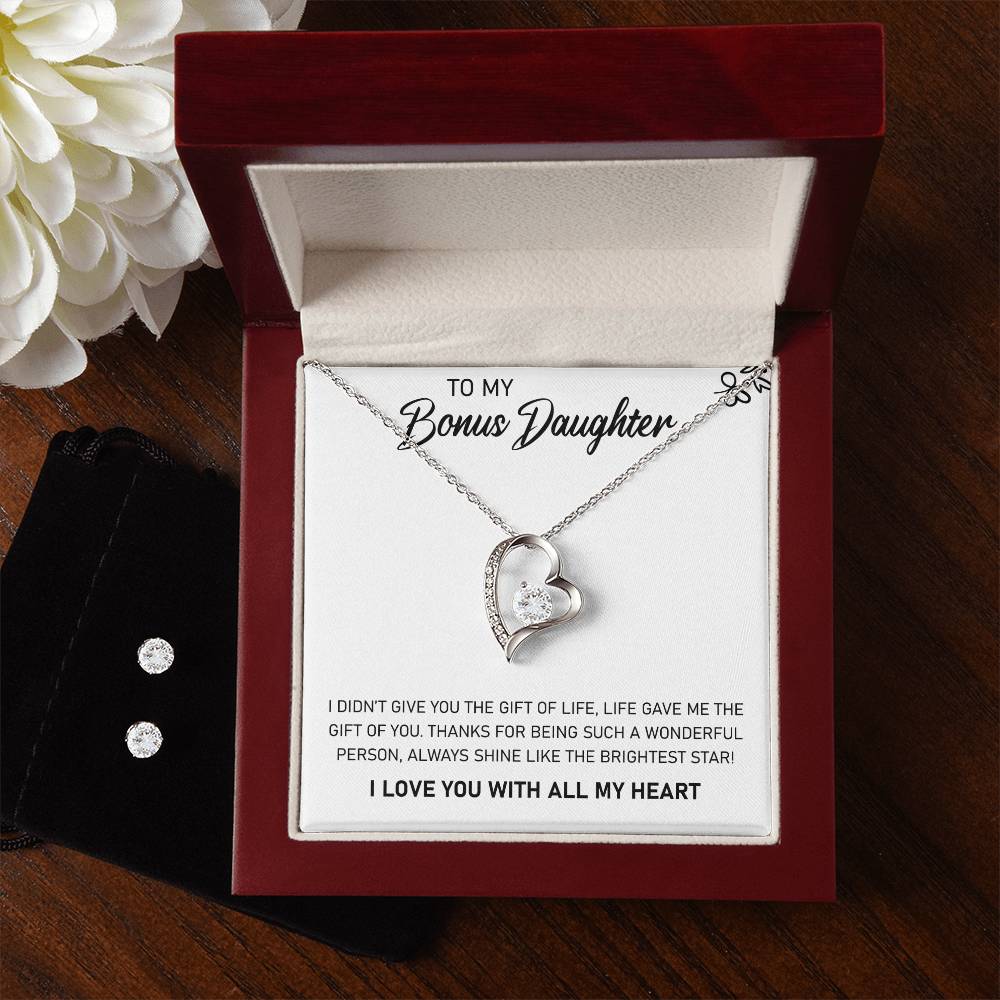 To My Bonus Daughter, Always Shine Like The Brightest Star - Forever Love Necklace + Clear CZ Earrings