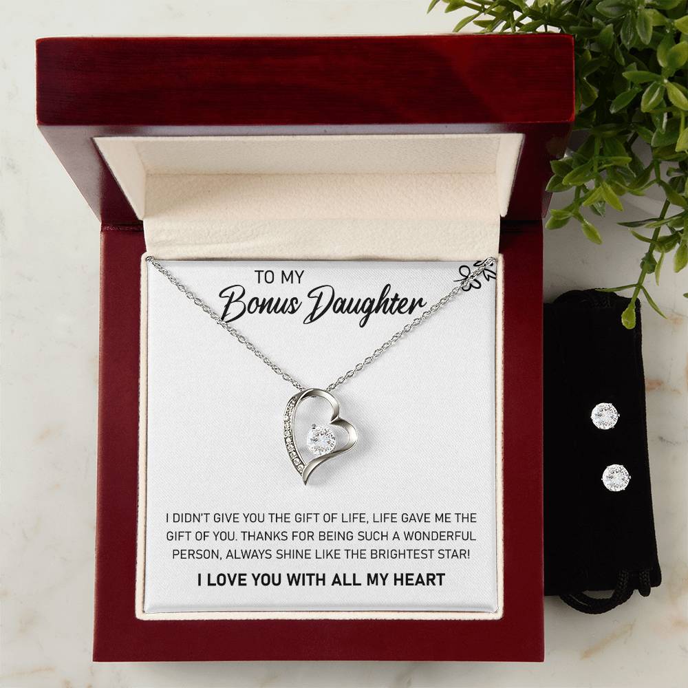 To My Bonus Daughter, Always Shine Like The Brightest Star - Forever Love Necklace + Clear CZ Earrings