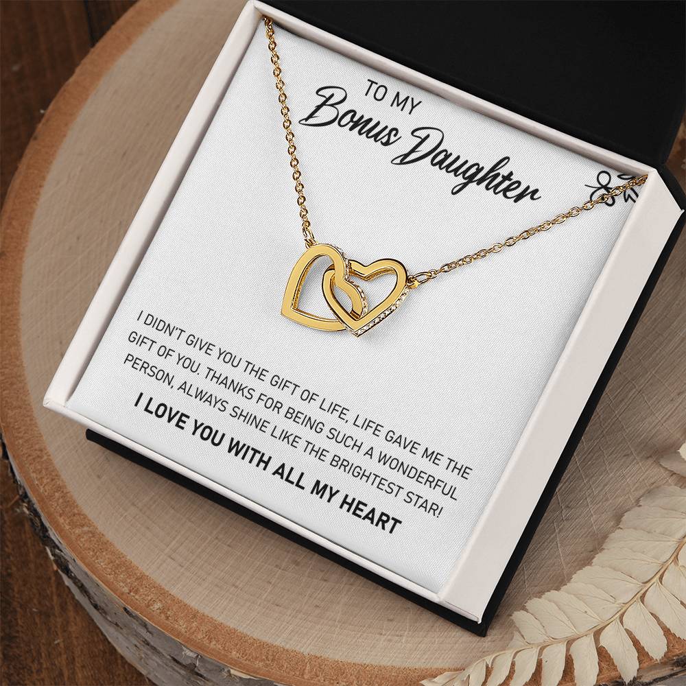 To My Bonus Daughter, Always Shine Like The Brightest Star - Interlocking Heart Necklace