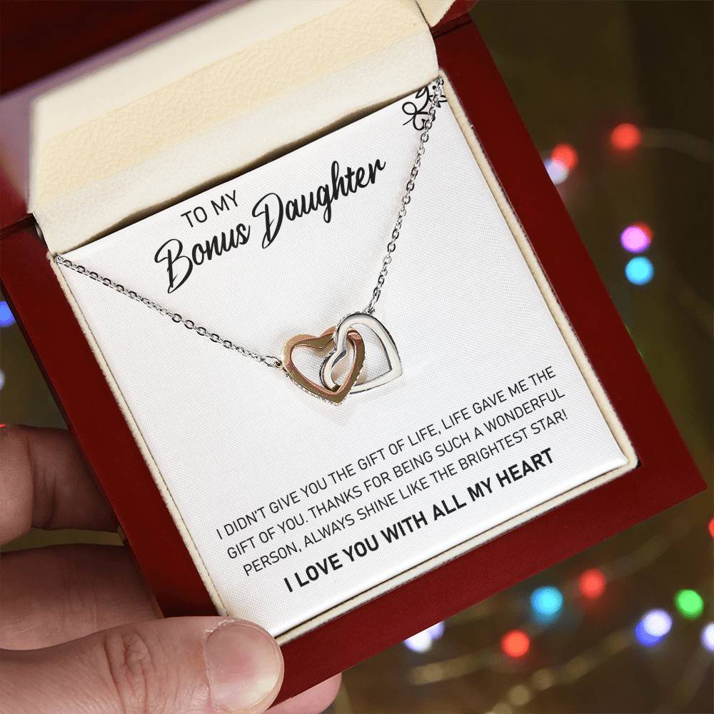 To My Bonus Daughter, Always Shine Like The Brightest Star - Interlocking Heart Necklace