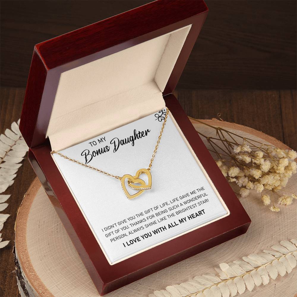 To My Bonus Daughter, Always Shine Like The Brightest Star - Interlocking Heart Necklace