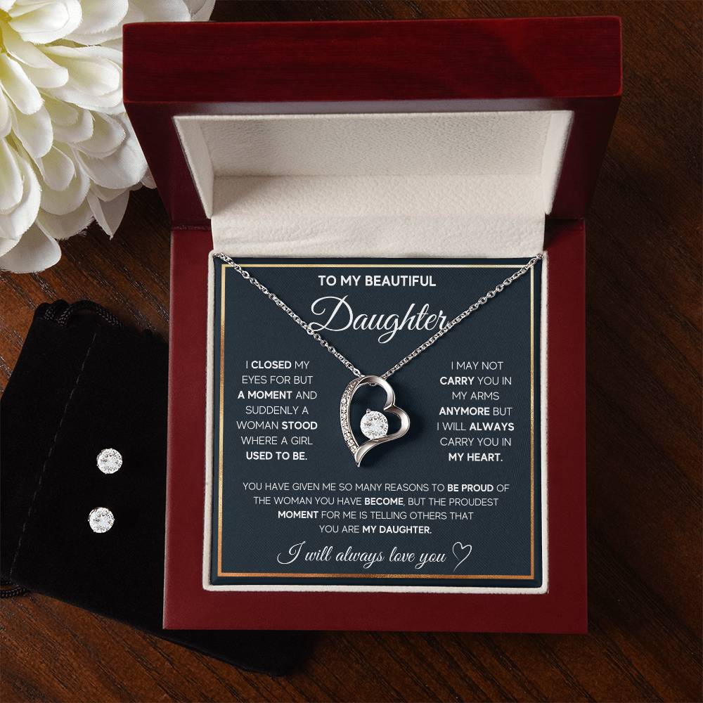To My Daughter, I Will Always Carry You In My Heart - Forever Love Necklace + Clear CZ Earrings