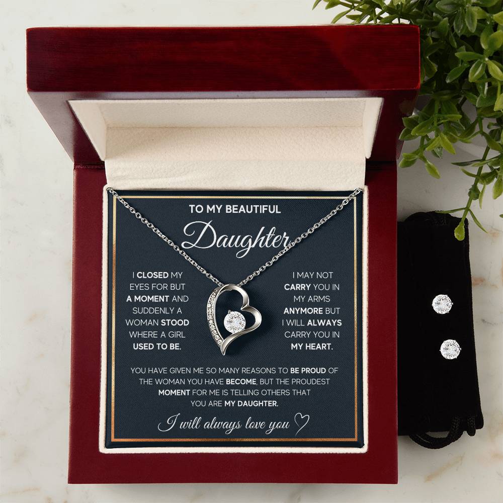 To My Daughter, I Will Always Carry You In My Heart - Forever Love Necklace + Clear CZ Earrings