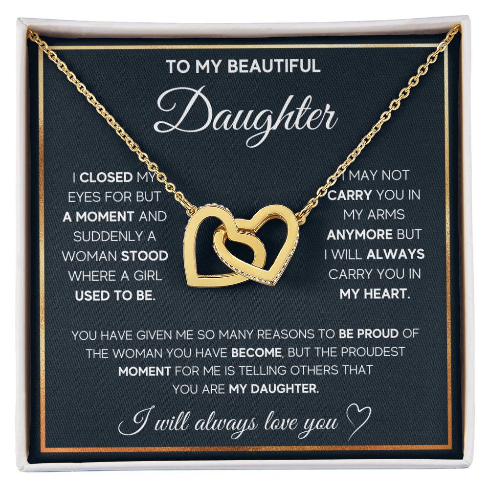 To My Daughter, I Will Always Carry You In My Heart - Interlocking Heart Necklace
