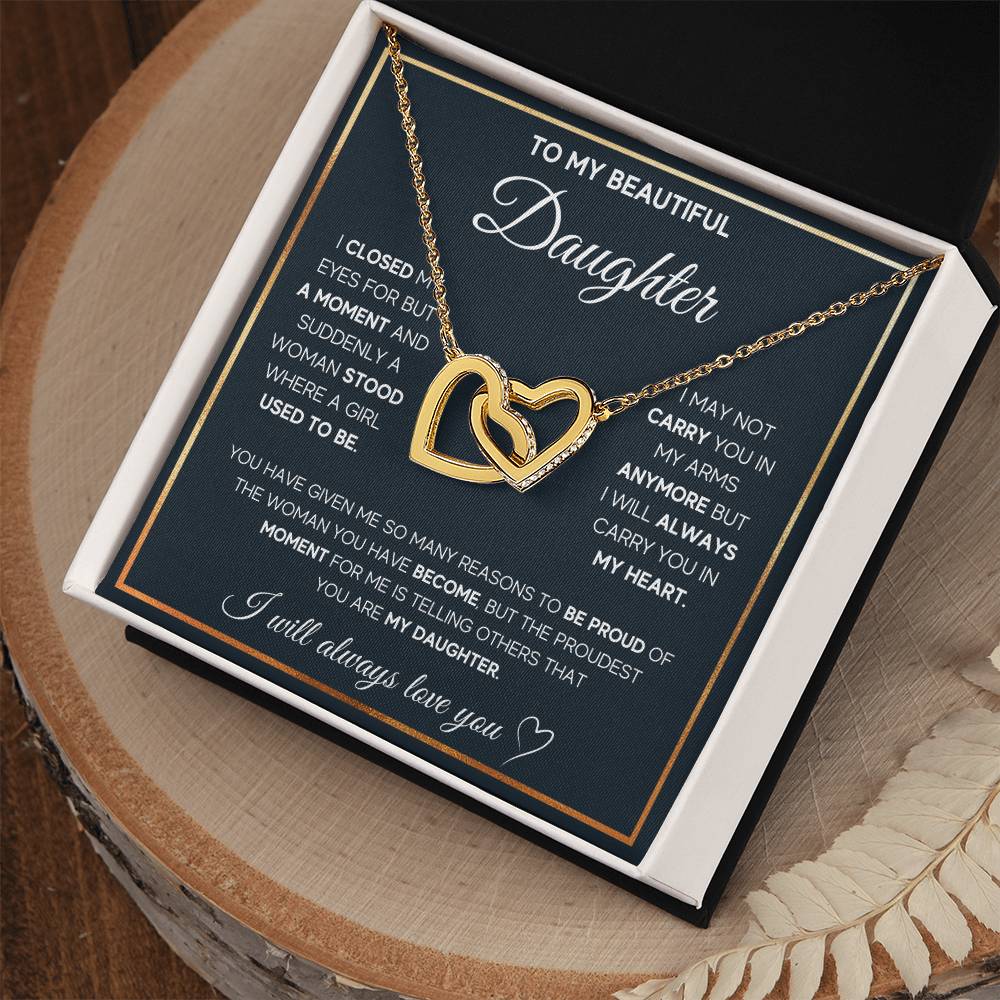 To My Daughter, I Will Always Carry You In My Heart - Interlocking Heart Necklace