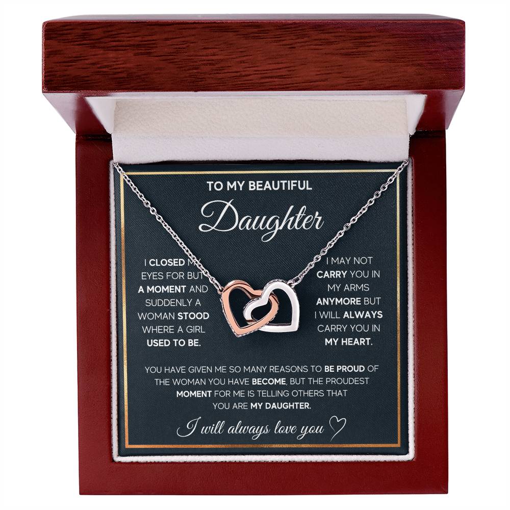 To My Daughter, I Will Always Carry You In My Heart - Interlocking Heart Necklace