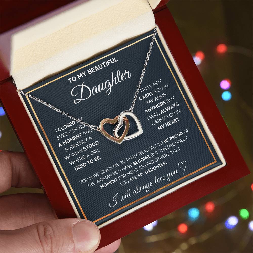 To My Daughter, I Will Always Carry You In My Heart - Interlocking Heart Necklace