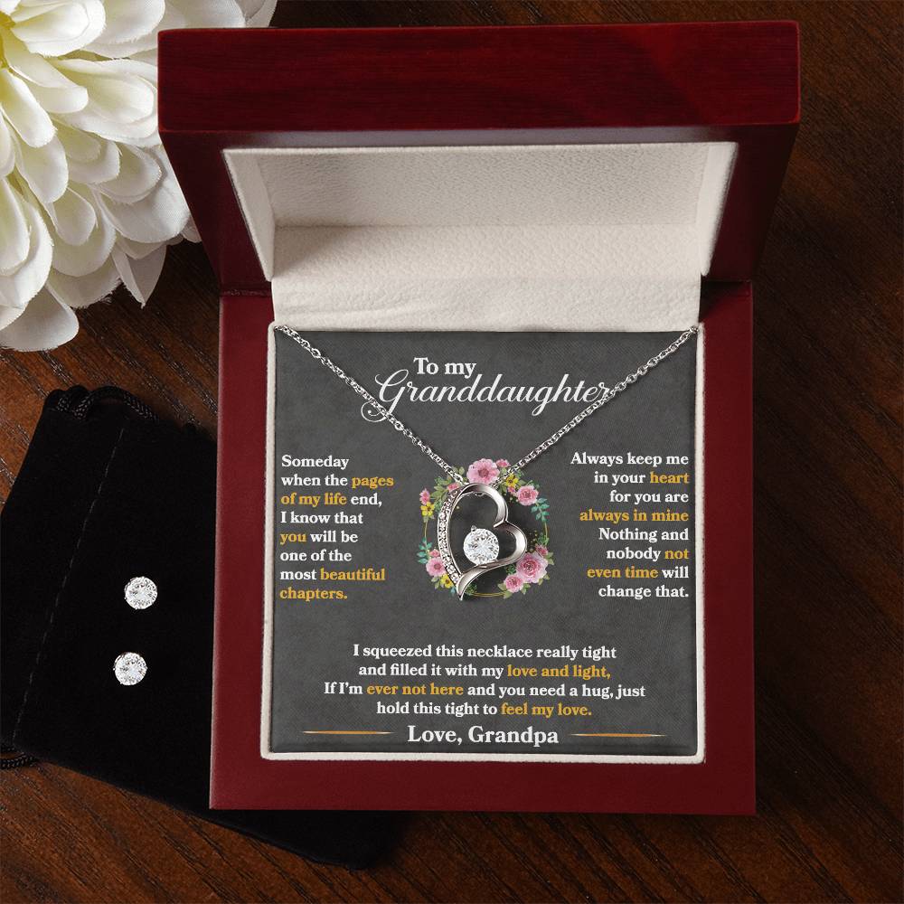 To My Granddaughter, Hold This Tight To Feel My Love - Forever Love Necklace + Clear CZ Earrings