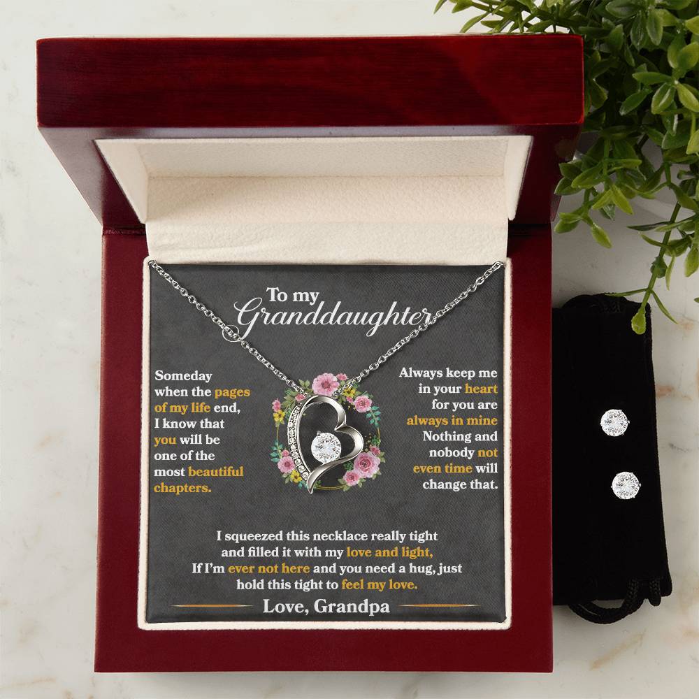 To My Granddaughter, Hold This Tight To Feel My Love - Forever Love Necklace + Clear CZ Earrings