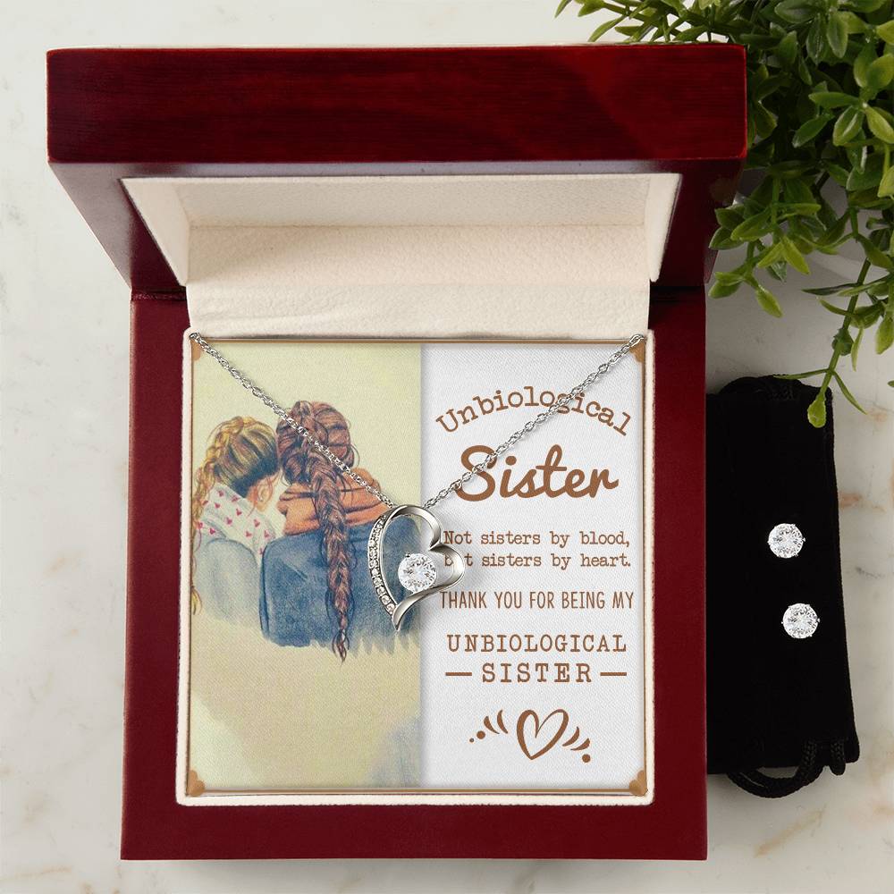 To My Unbiological Sister, Sisters By Heart - Forever Love Necklace + Clear CZ Earrings