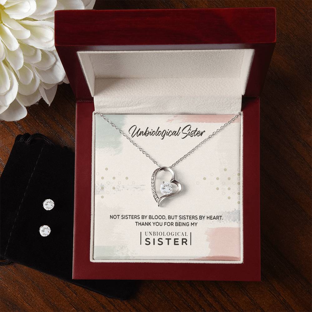 To My Unbiological Sister, Thank You - Forever Love Necklace + Clear CZ Earrings