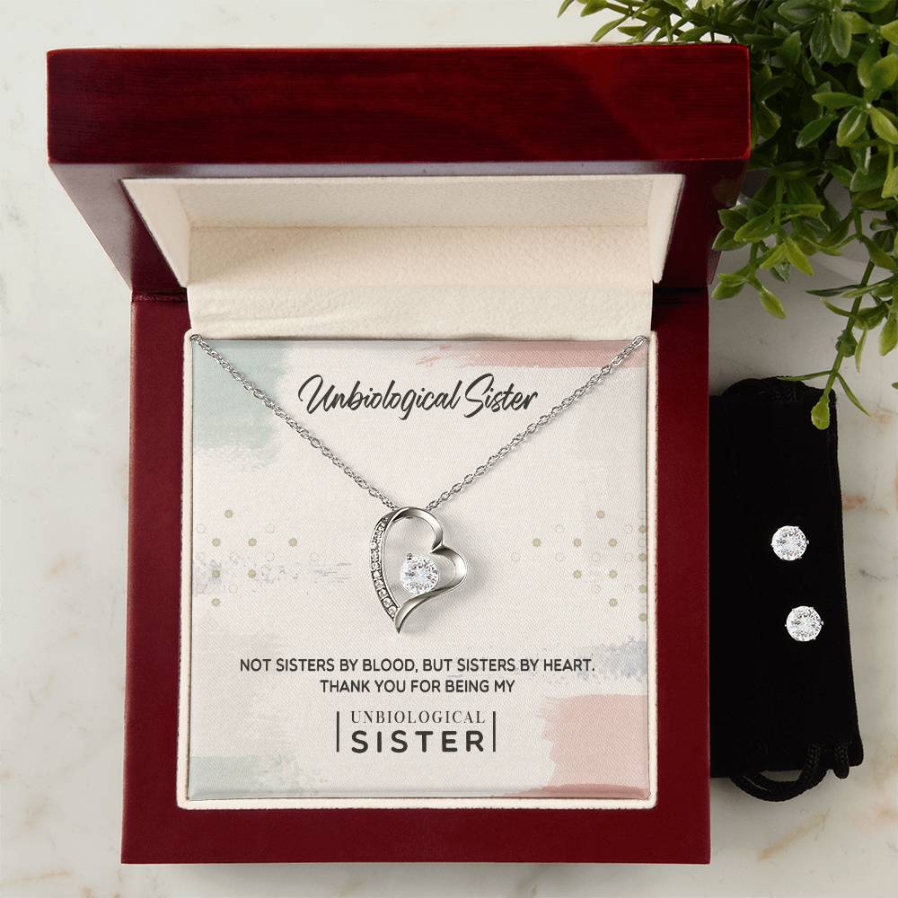 To My Unbiological Sister, Thank You - Forever Love Necklace + Clear CZ Earrings