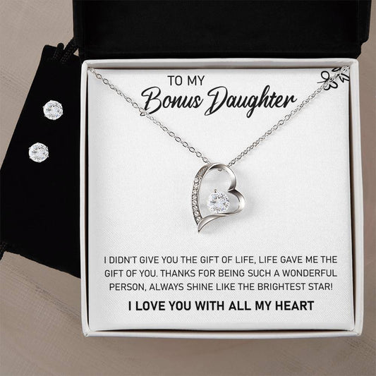 To My Bonus Daughter, Always Shine Like The Brightest Star - Forever Love Necklace + Clear CZ Earrings