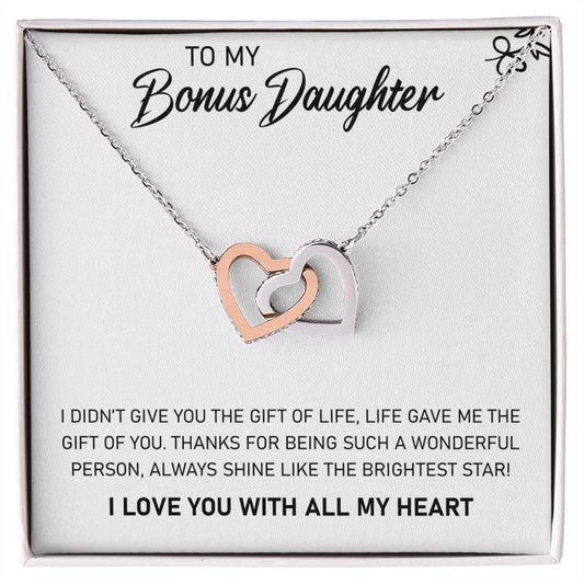 To My Bonus Daughter, Always Shine Like The Brightest Star - Interlocking Heart Necklace