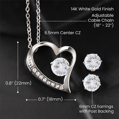 To My Daughter, I'm Always Right Here In Your Heart - Forever Love Necklace + Clear CZ Earrings