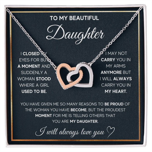 To My Daughter, I Will Always Carry You In My Heart - Interlocking Heart Necklace