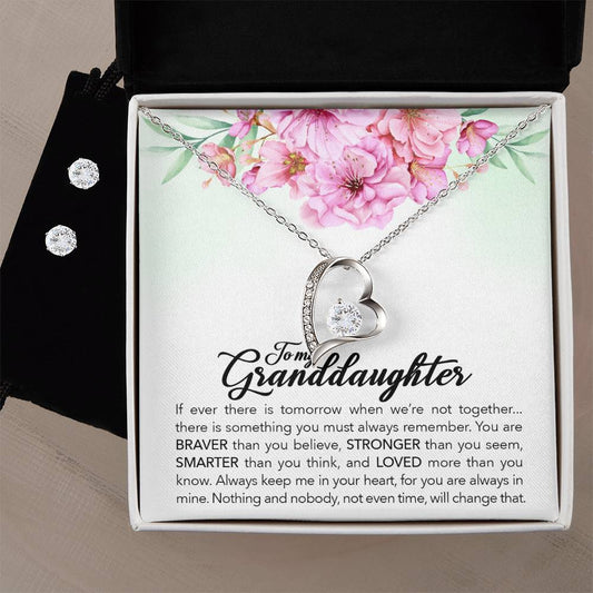 To My Granddaughter, Always Keep Me In Your Heart, - Forever Love Necklace + Clear CZ Earrings