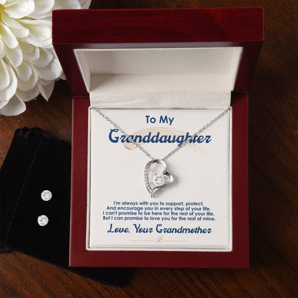 To My Granddaughter, I Love You For The Rest Of My Life - Forever Love Necklace + Clear CZ Earrings