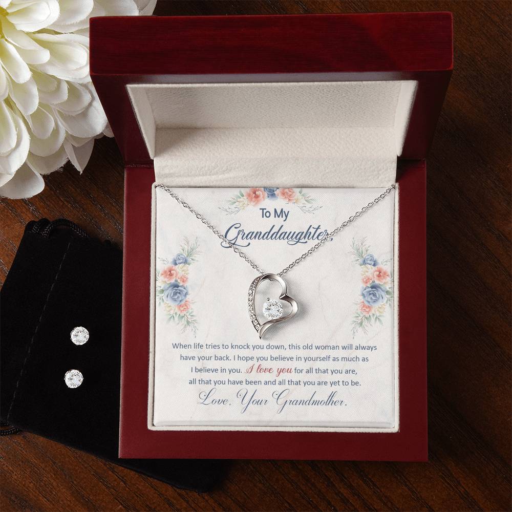 To My Granddaughter, This Old Woman Will Always Have Your Back - Forever Love Necklace + Clear CZ Earrings