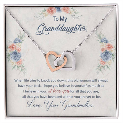 To My Granddaughter, This Old Woman Will Always Have Your Back - Interlocking Heart Necklace