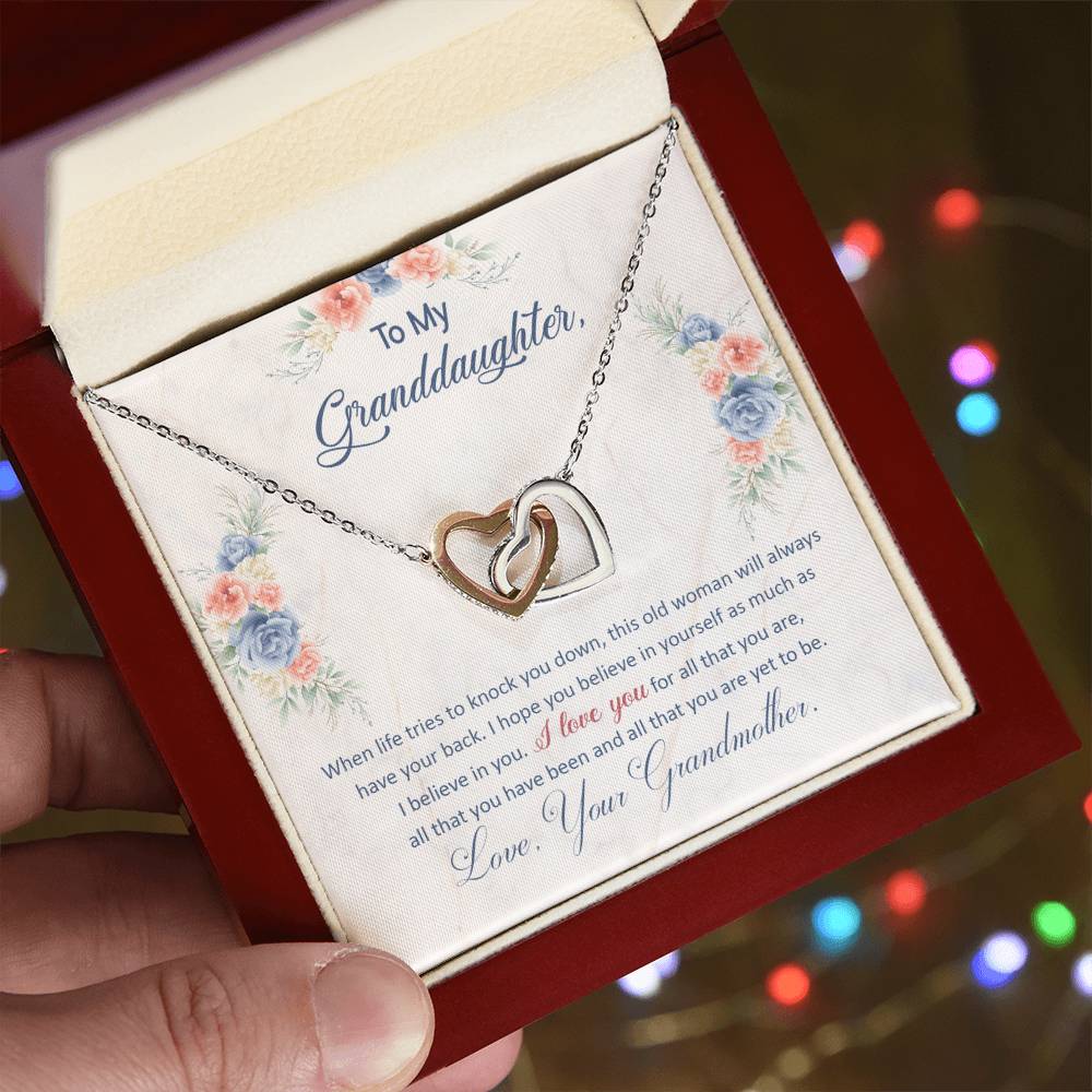 To My Granddaughter, This Old Woman Will Always Have Your Back - Interlocking Heart Necklace