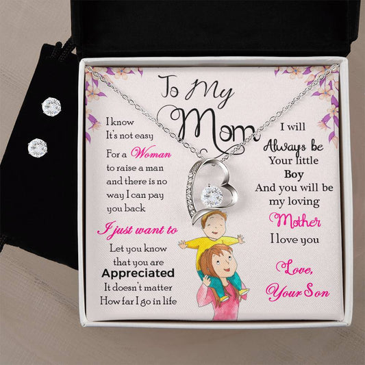 To My Mom, I Will Always Be Your Little Boy - Forever Love Necklace + Clear CZ Earrings