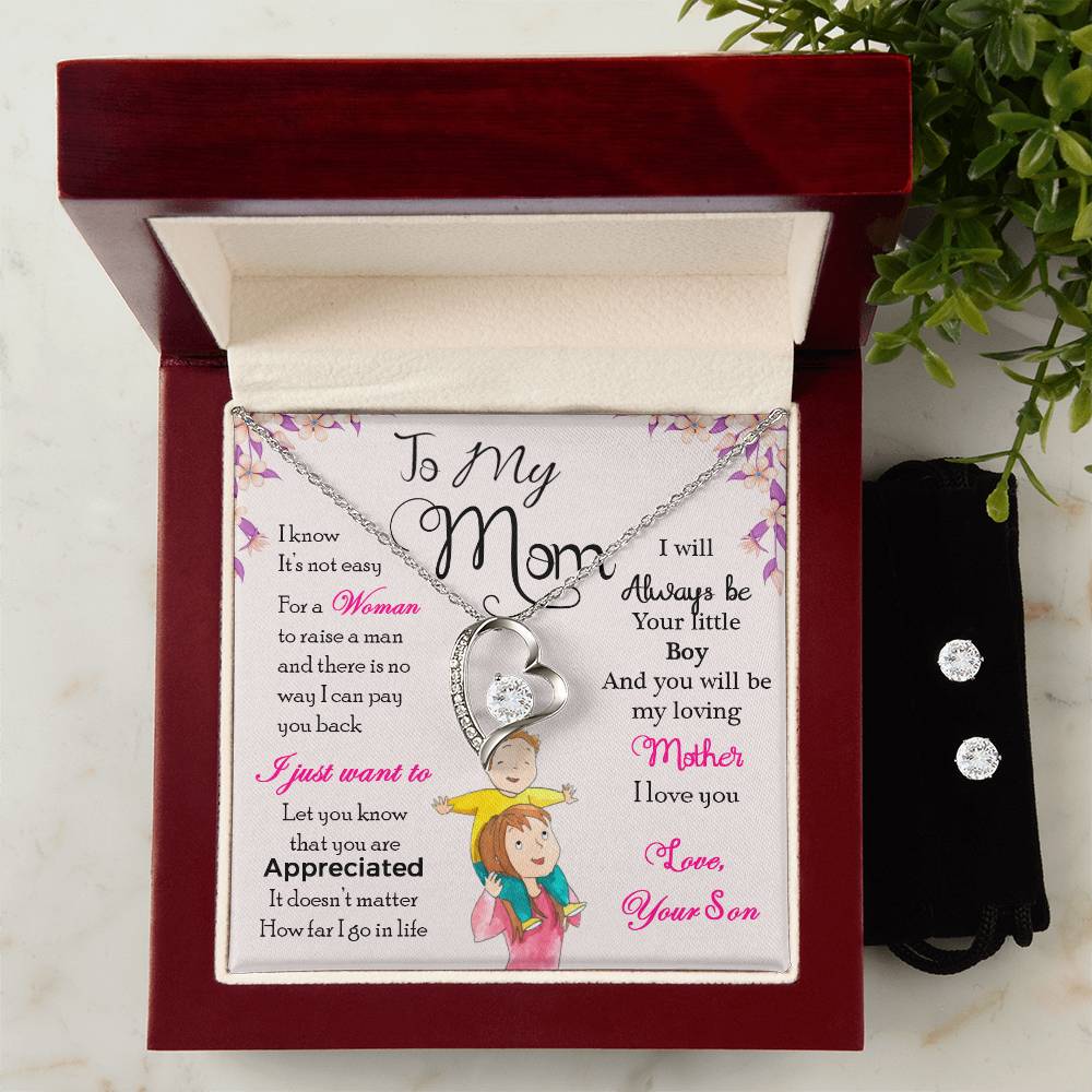 To My Mom, I Will Always Be Your Little Boy - Forever Love Necklace + Clear CZ Earrings