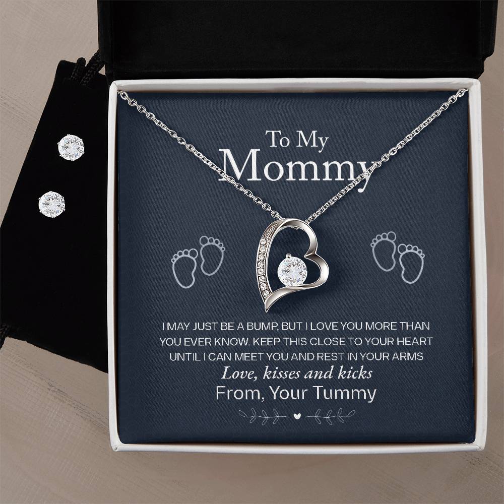 To My Mommy, Love From Your Tummy - Forever Love Necklace + Clear CZ Earrings