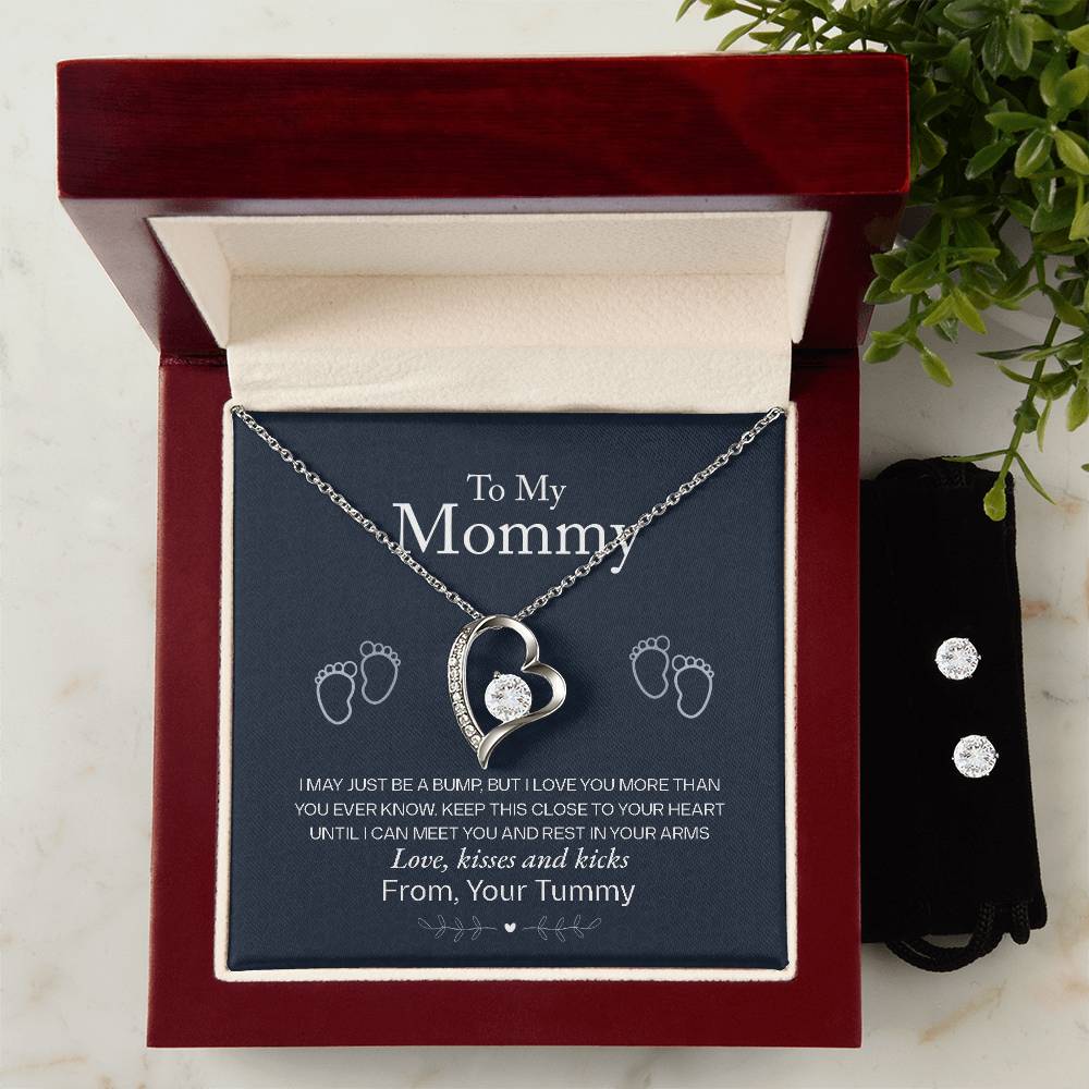 To My Mommy, Love From Your Tummy - Forever Love Necklace + Clear CZ Earrings