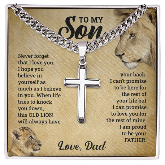 To My Son, This Old Lion Will Always Have Your Back - Cross Necklace w/ Cuban Chain