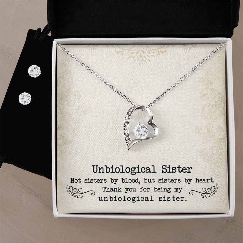 To My Unbiological Sister, Sister By Heart - Forever Love Necklace + Clear CZ Earrings