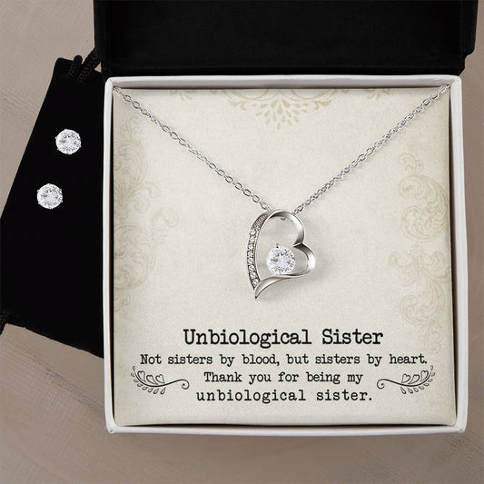 To My Unbiological Sister, Sister By Heart - Forever Love Necklace + Clear CZ Earrings