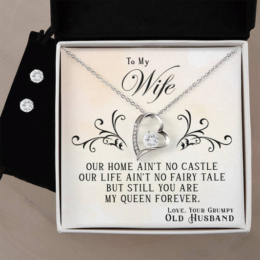 To My Wife, You Are My Queen Forever - Forever Love Necklace + Clear CZ Earrings