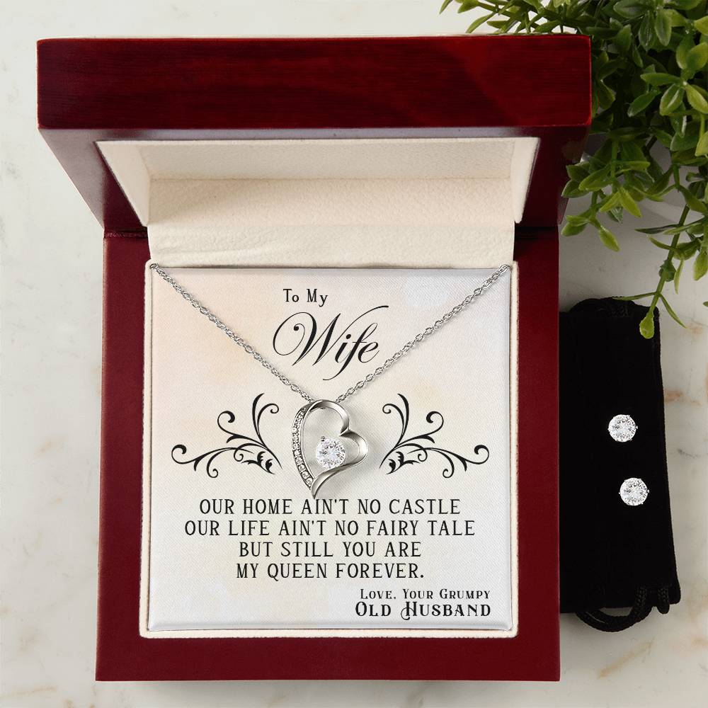 To My Wife, You Are My Queen Forever - Forever Love Necklace + Clear CZ Earrings